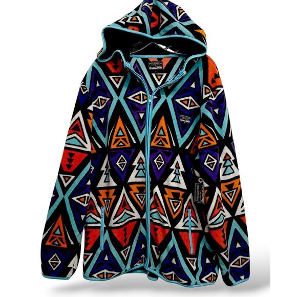 Free Nature NYC Tribal Fleece Jacket Mens L Color Geo Aztec Hood Gorpcore Hippie - Picture 1 of 16
